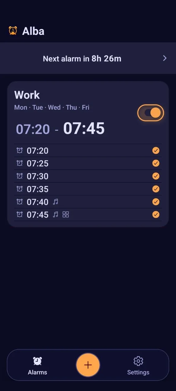 Alba app showing a group of alarms from 07:20 to 07:45, five minutes apart